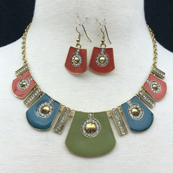 Hand Painted Enamel Vintage Look Rhinestone Green Blue Red Necklace Earrings Set - Picture 1 of 3